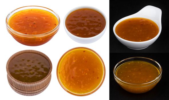 Sweet and sour sauce in bowl isolated on white background with clipping path. Collection