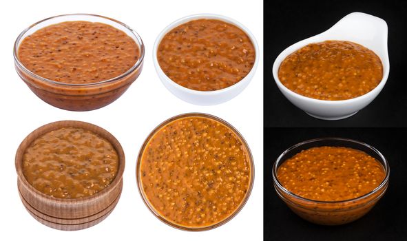 Sweet Bavarian mustard in bowl isolated on white background with clipping path