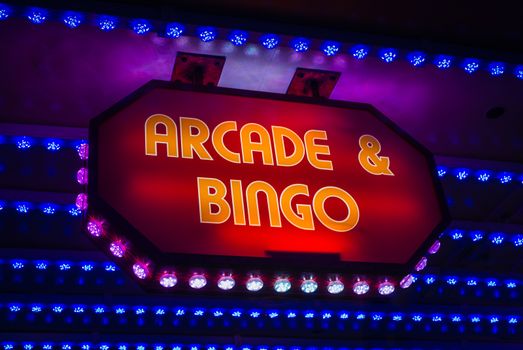 Retro Amusement Arcade And Bingo Sign On A Marquee In A British Seaside Resort