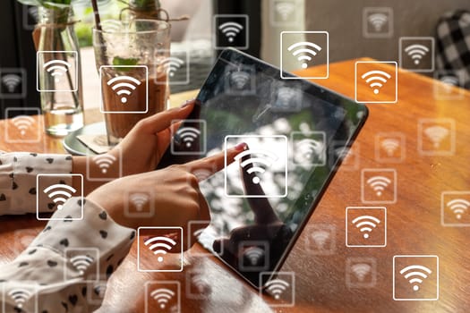 WiFi network on tablet background. Technology 4.0 concept. The internet of thing concept.