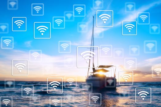 The boat on the sea. The silhouette boat and sunlight be hide. The small boat is running on the blue sea. WiFi icon pattern.