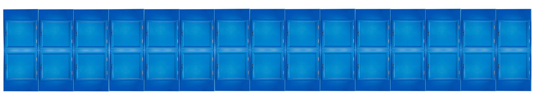 30 blue small cabinets, closet doors side by side and one above the other