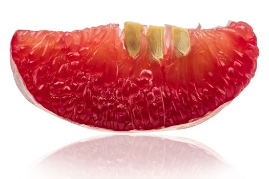 Closeup view of red pomelo pulp with seeds isolated on white background. Thailand Siam ruby pomelo fruit. Natural source of vitamin C (antioxidants) and potassium. Healthy food for slow down aging