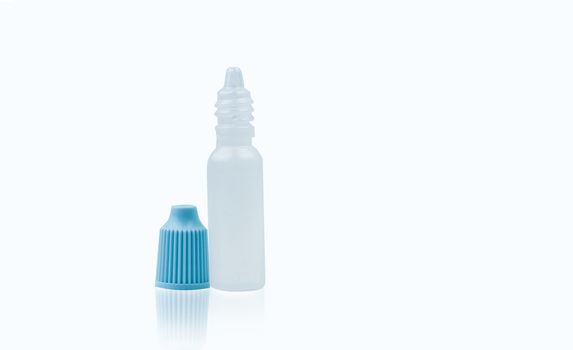 Eye drops bottle with opened blue cap isolated on white background with blank label and copy space, just add your own text.