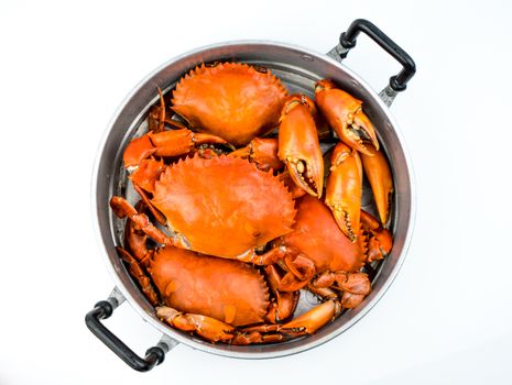 Top view of Scylla serrata. Steamed crab in a pot isolated on white background with copy space. Seafood restaurants concept.