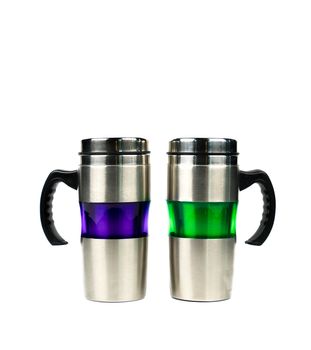 Purple and green thermos bottle with handle isolated on white background with copy space