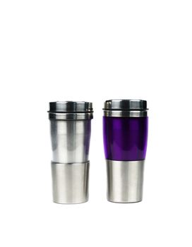 Silver and purple thermos bottle on white background with copy space