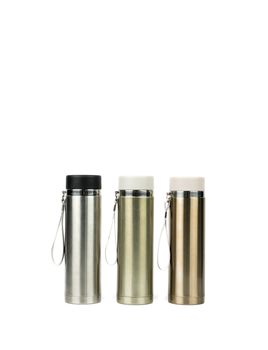 Three silver thermos bottle on white background with copy space
