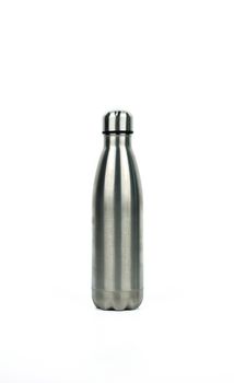 Silver thermos bottle with sport design isolated on white background with copy space