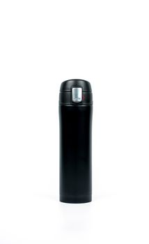 Black thermos bottle on white background with copy space