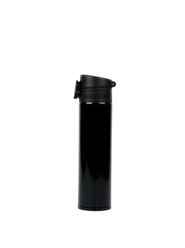 Black thermos bottle isolated on white background with copy space. Coffee and tea bottle container.