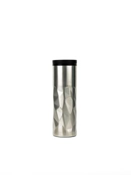 Silver thermos bottle with modern design isolated on white background with copy space. Beverage container. Coffee and tea bottle.