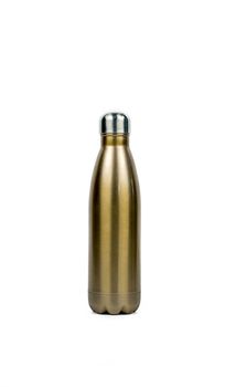 Gold thermos bottle with sport design isolated on white background with copy space. Beverage container. Coffee and tea container.