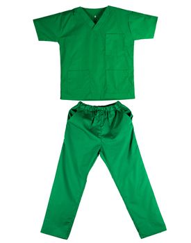 Green scrubs uniform isolated on white background. Green shirt and pants for veterinarian, doctor or nurse