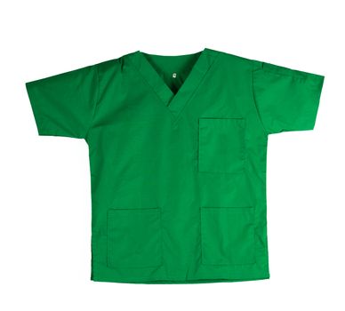 Green scrubs uniform isolated on white background with copy space. Green shirt and for veterinarian, doctor or nurse