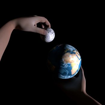 Earth and Moon in hand. over black background. 3D illustration