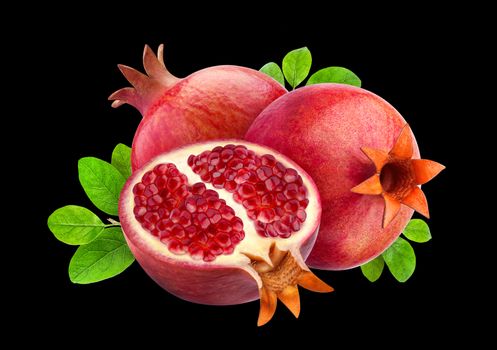 Pomegranate isolated. Group of pomegranates with leaves isolated on black background with clipping path