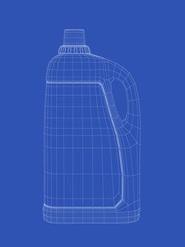 3D wire-frame model of liquid detergent bottle on blue background