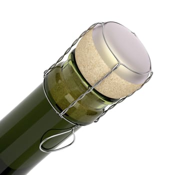 Neck of a bottle of champagne with a closed cork, isolated on white background