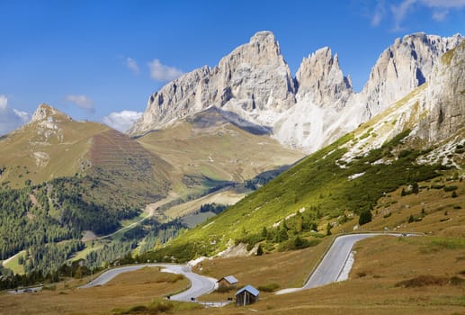 Dolomites mountains landscape on a sunny autumn day