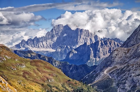 Dolomites landscape with view of the Marmolada mountain