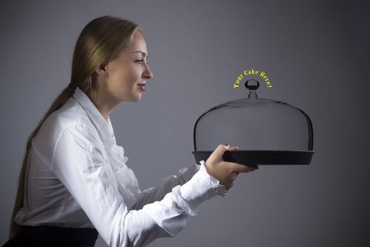 Young blonde woman waitress with a tray in hands