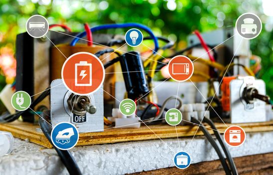 Switch On/Off of electric circuits with green background and electrical tool icon graphic.