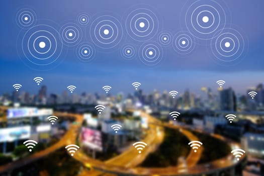 WiFi network on blurred cityscape background. Technology 4.0 concept. The city of connection and big data.