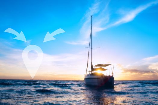 The destination of the path. The boat on the sea. The silhouette boat and sunlight be hide. The small boat is running on the blue sea. Pin icon illustration.