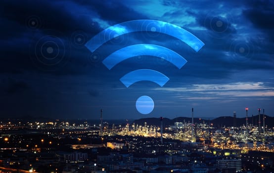 WiFi network on blurred cityscape background. Technology 4.0 concept. The city of connection and big data.