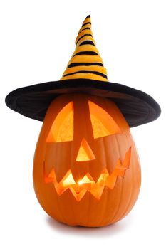 Jack O Lantern Halloween pumpkin with witches hat isolated on white background