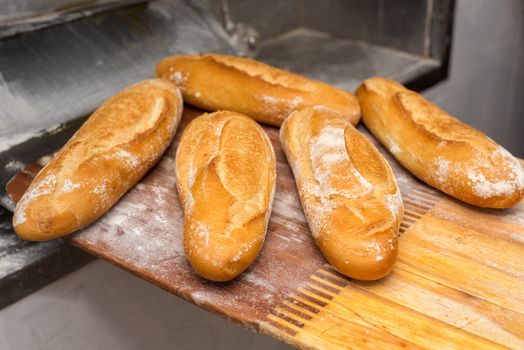 Bread just out from oven. Freshly baked breads, taken out with a showel.