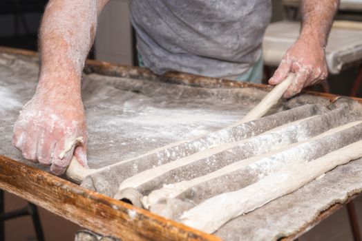 Baker hands preparing uncooked bread loafs ready to bake