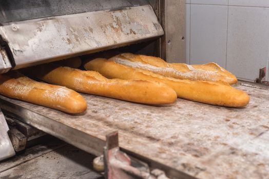 Baker taking out fresh baked bread from the industrial oven