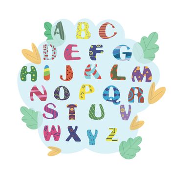 Children's Font in flat style illustration. Stylish multicoloured set.