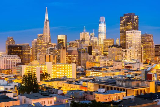 San Francisco downtown skyline Aerial view at sunset from Ina Coolbrith Park Hill in San Francisco, California, USA.