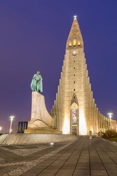 Hallgrimskirkja Cathedral Reykjavik Iceland at sunset twilight