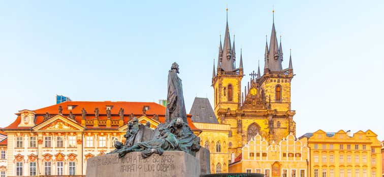 Jan Hus Monument and Church of Our Lady before Tyn at Old Town Square, Prague, Czech Republic.