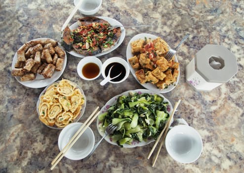 Vietnamese breakfast on a plate with chopsticks