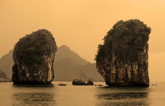 Odd-shaped limestone rocks in Ha Long Bay, Vietnam
