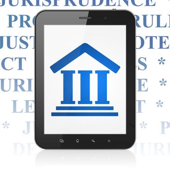 Law concept: Tablet Computer with  blue Courthouse icon on display,  Tag Cloud background, 3D rendering