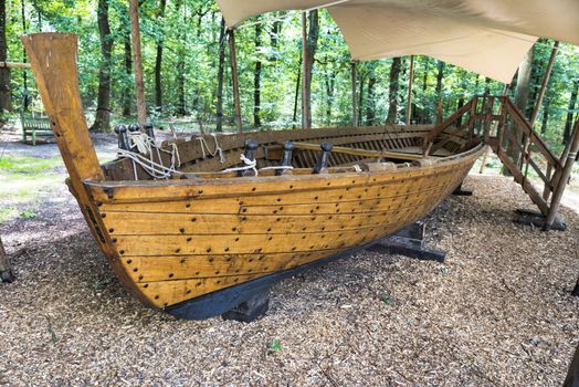 Nijmegen, Holland, 26-08-2018: replica of an old Roman ship, found in Mainz and reconstructed in millingen, this ship is used as sailing ship for transporting products