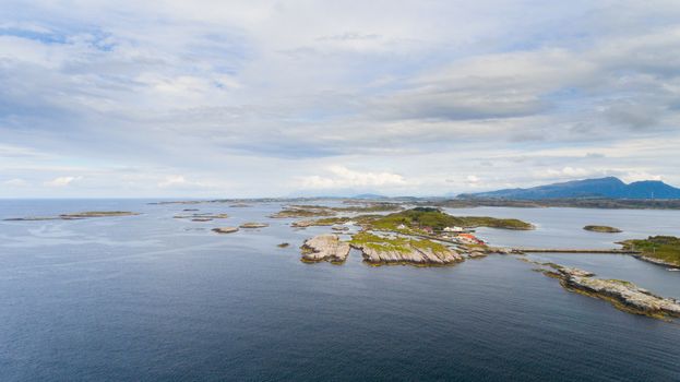 Norway coast with island in summer aerial drone view