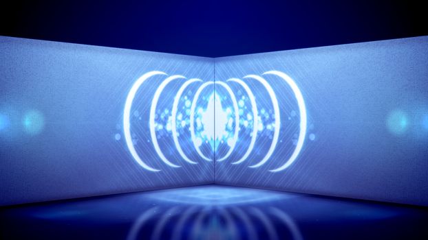 An optical art 3d illustration of neon tunnel movement of white oval lines and snow looking spots dancing in a kaleidoscopic way in the blue background. They have some diamonds inside.