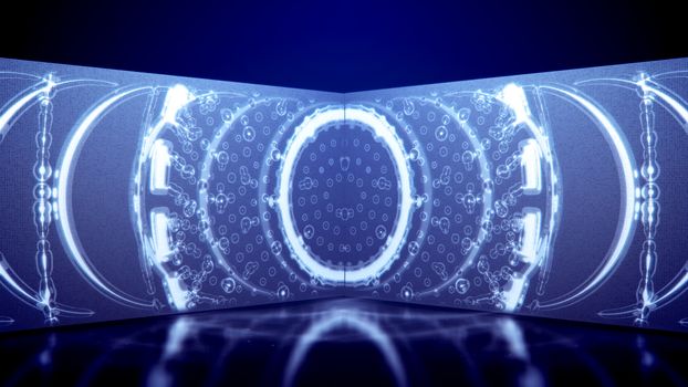 An arty 3d illustration of neon tunnel filled with white oval and round lines forming a grate structure in the horizontal tube in the blue background. It looks original and optimistic.