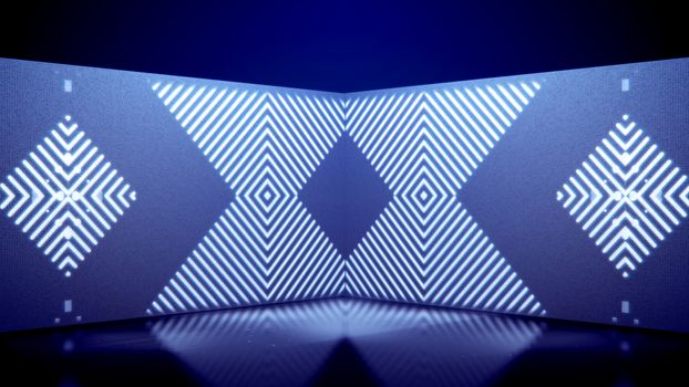 An opt art 3d illustration of neon tunnel movement of white lines and squares playing kaleidoscopic games in the blue background. They form square figures from white lines and look funny