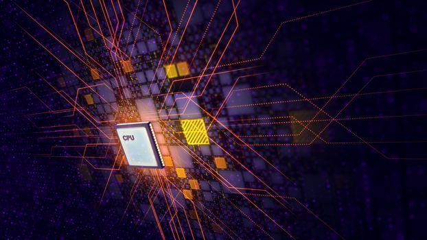 A scientific 3d illustration of a square CPU screen composing a powerful black motherboard looking like a window in future with yellow square plates, violet spots and red power rays. 