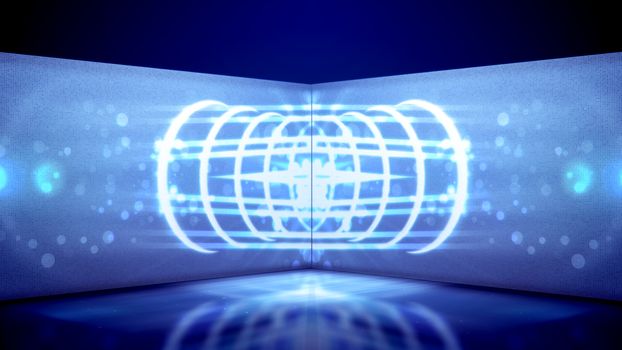 A hypnotic 3d illustration of neon tunnel filled with white oval and figurative lines as well as stripes from spots in the horizontal tube in the blue background. They look enigmatic and arty.