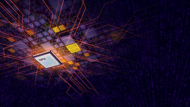 An impressive 3d illustration of a square CPU microprocessor with plasma curves around being put diagonally in the holographic black motherboard with golden plates and red power lines. 