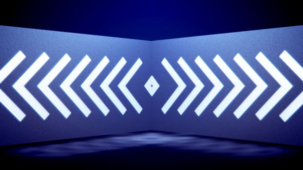 An artistic 3d illustration of neon tunnel movement of white angles rushing in opposite directions in the blue background. There is a white rhombus in the tunnel center.